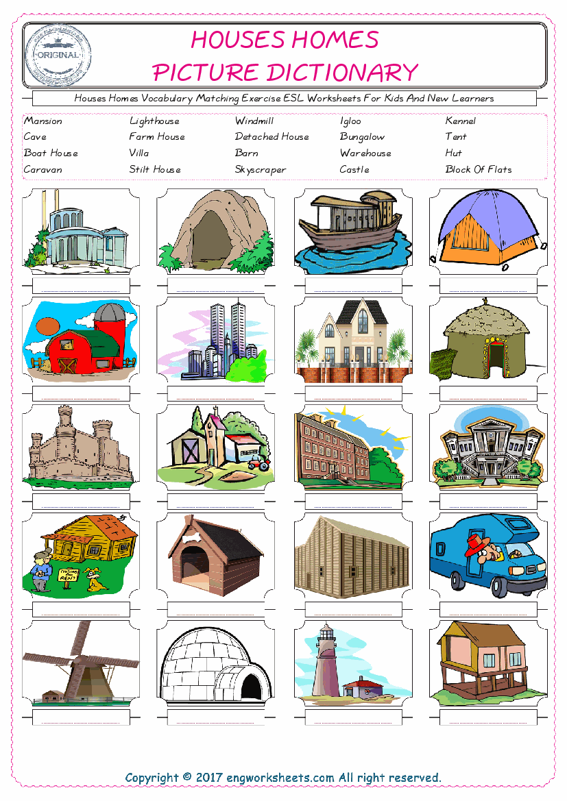  Houses Homes for Kids ESL Word Matching English Exercise Worksheet. 